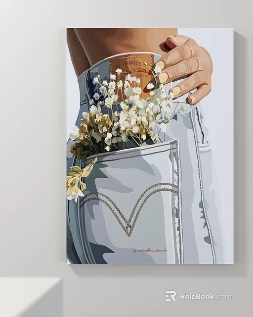Abstract Painting Of High Waist Jeans Pocket With White Flowers And Hand 3d model 