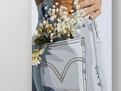 Abstract Painting Of High Waist Jeans Pocket With White Flowers And Hand 3d model