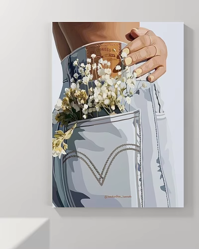 Abstract Painting Of High Waist Jeans Pocket With White Flowers And Hand 3d model