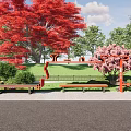 Outdoor Chair In Skate Park Setting With Red Maple Cherry Blossom Trees And Grass