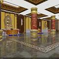 Religious Faith Inspired Temple Interior With Buddha Statues Red Columns And Golden Ceiling Decorations