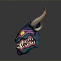 Detailed Fantasy Game Movie Character Head With Colorful Horns Glowing Yellow Eyes And Sharp Teeth