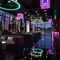 Modern Bar Interior With Neon Lights Moon Decor And Glowing Floor Tiles