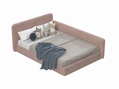 Cozy Pink Upholstered Kids Bed With Gray Sheet Blanket Polka Dot Pillow And Stuffed Toys 3d model