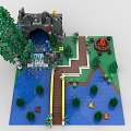 Lego toy building blocks water curtain cave mountain scene pool small bridge river plant tree forest 3d model