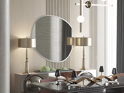 Modern Luxury Restaurant Interior Featuring Round Mirror Gold Table Lamps Green Fruits And Striped Walls 3d model