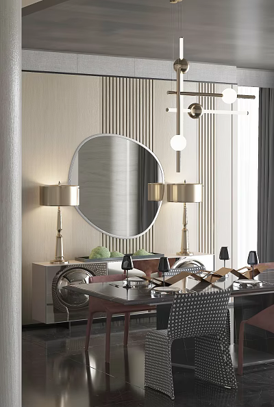 Modern Luxury Restaurant Interior Featuring Round Mirror Gold Table Lamps Green Fruits And Striped Walls 3d model