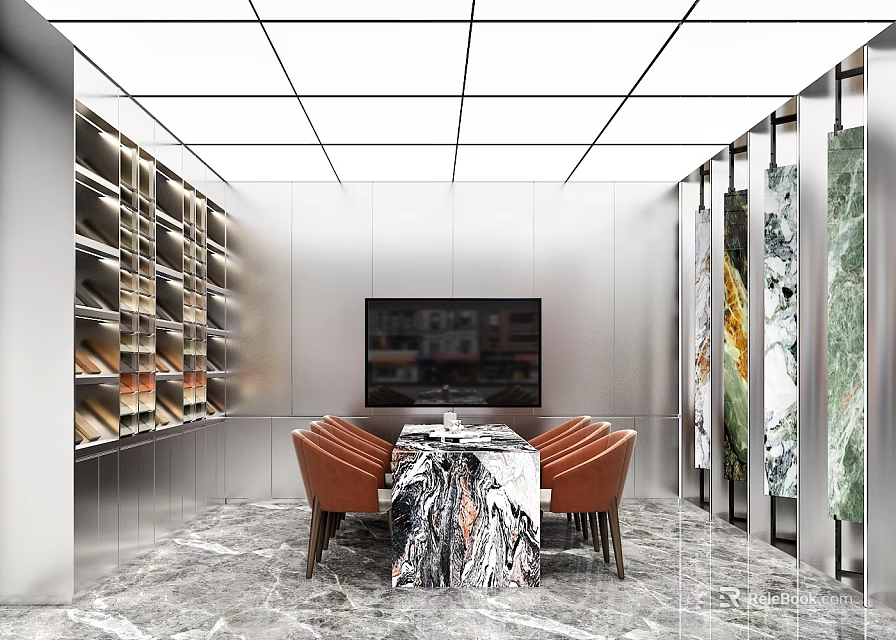 Modern Showroom Interior With Marble Table Orange Chairs Display Screen Shelves And Artworks 3d model 