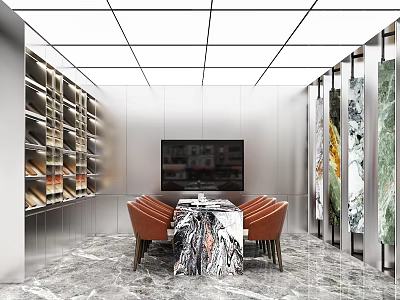Modern Showroom Interior With Marble Table Orange Chairs Display Screen Shelves And Artworks 3d model