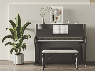 Modern Interior with Black Piano Decorative Painting Open Music Sheet Green Plant and Bench 3d model