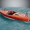 Classic Wooden Speedboat With Steering Wheel And Flag Sailing On Blue Water