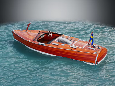 Classic Wooden Speedboat With Steering Wheel And Flag Sailing On Blue Water 3d model