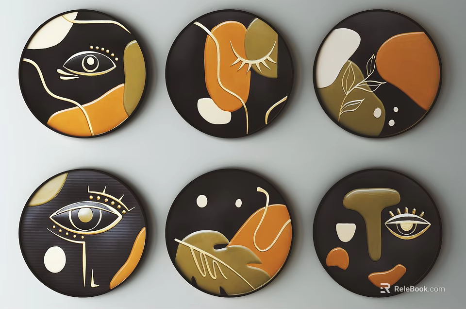 Modern Abstract Round Frame Paintings Featuring Eye Leaf And Geometric Patterns In Black Orange Gold 3d model 