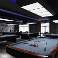 Modern Billiard Room Interior With Multiple Tables Overhead Lighting And Wall Decor 3d model