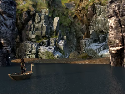 Person In Small Boat On Calm Water Near Rocky Cliffs With Green Plants 3d model
