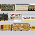 Various Types of Supermarket Display Shelves Showcasing Fruits Vegetables and Snacks
