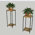 Two Modern Plant Stands with Metal Frames and Wooden Shelves Holding Green Potted Plants