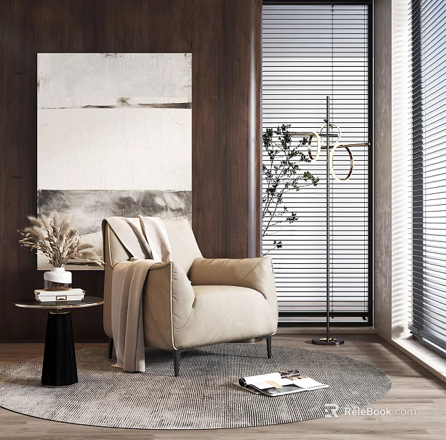 Modern Single Sofa With Beige Fabric Side Table Dried Flowers Abstract Painting And Wooden Wall 3d model 