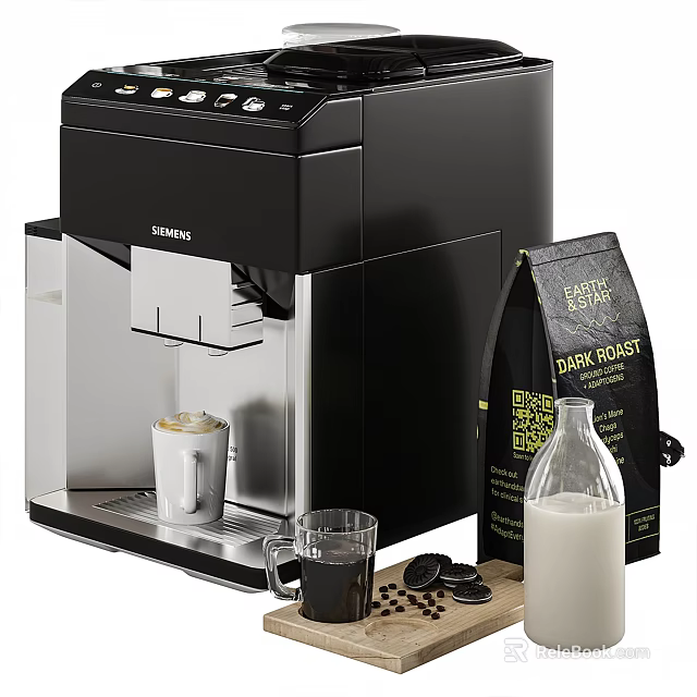 Siemens Coffee Machine With Coffee Beans Milk Bottle And Cups 3d model