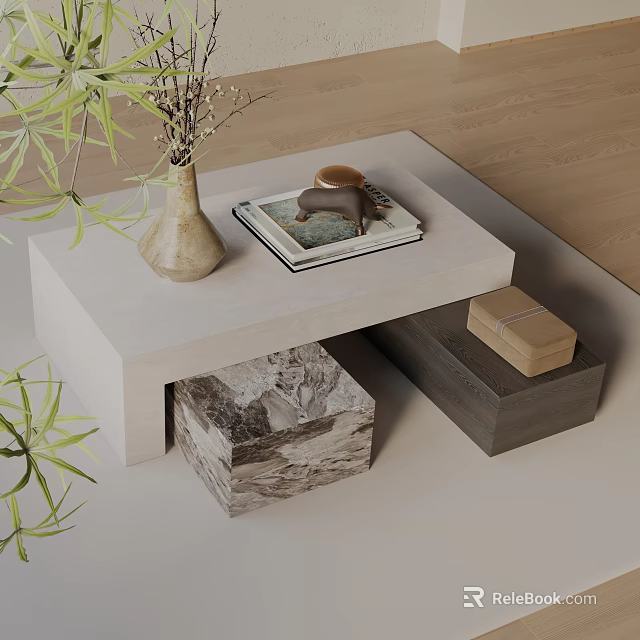 Elegant Sofa Coffee Table Set With Vase Book Mug And Marble Storage Boxes 3d model