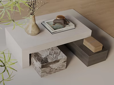 Elegant Sofa Coffee Table Set With Vase Book Mug And Marble Storage Boxes 3d model