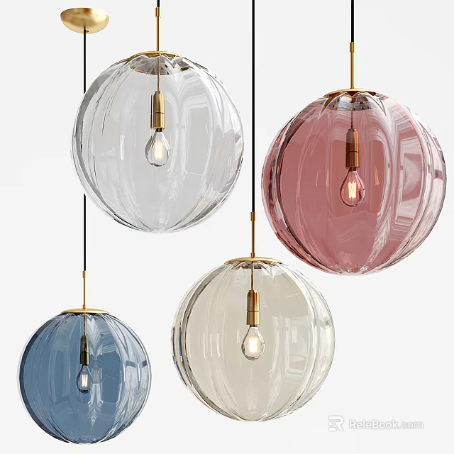 Modern Colored Glass Globe Pendant Lights with Gold Metal Base and Visible Bulb 3d model 