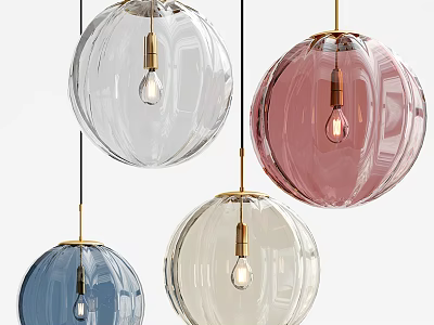 Modern Colored Glass Globe Pendant Lights with Gold Metal Base and Visible Bulb 3d model