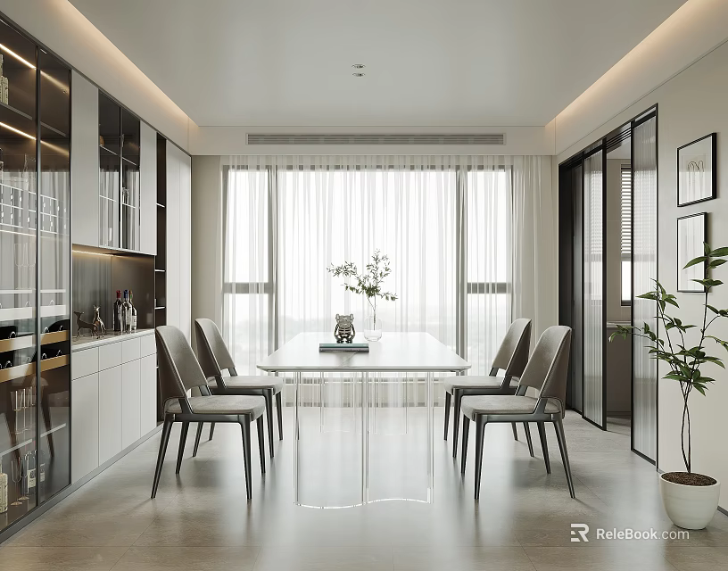 Modern Dining Room with Transparent Glass Table Grey Chairs Wine Cabinet White Curtains Potted Plant 3d model 