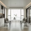 Modern Dining Room with Transparent Glass Table Grey Chairs Wine Cabinet White Curtains Potted Plant