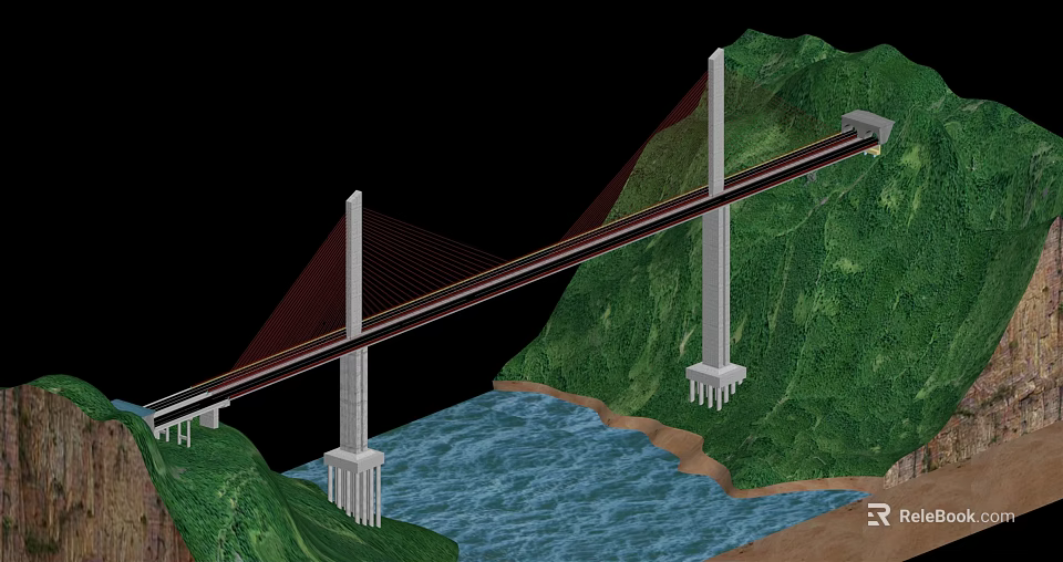 Suspension Bridge With Cables Spanning River Between Green Mountains And Tall Towers 3d model 