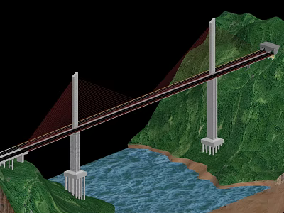 Suspension Bridge With Cables Spanning River Between Green Mountains And Tall Towers 3d model