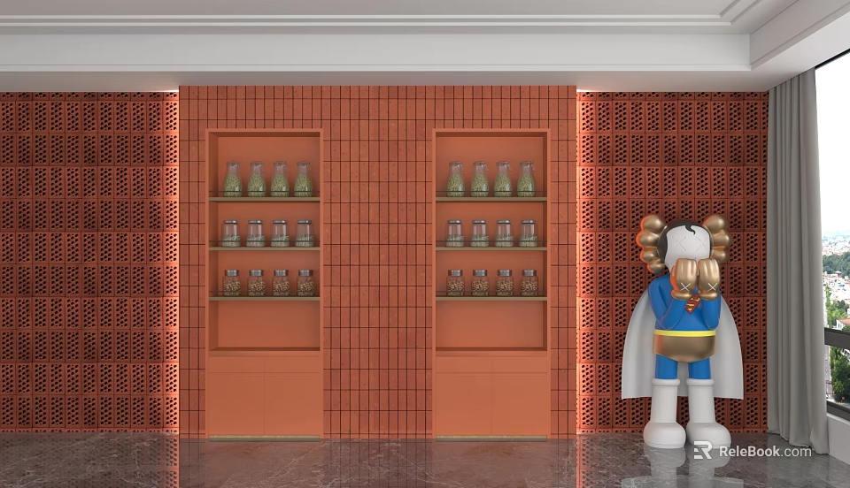 Orange Storage Cabinets With Bottled Items On Red Brick Wall Background And Cartoon Figure Beside 3d model 