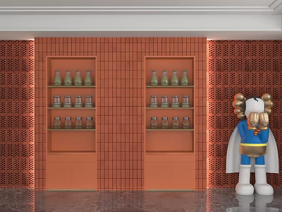 Orange Storage Cabinets With Bottled Items On Red Brick Wall Background And Cartoon Figure Beside 3d model