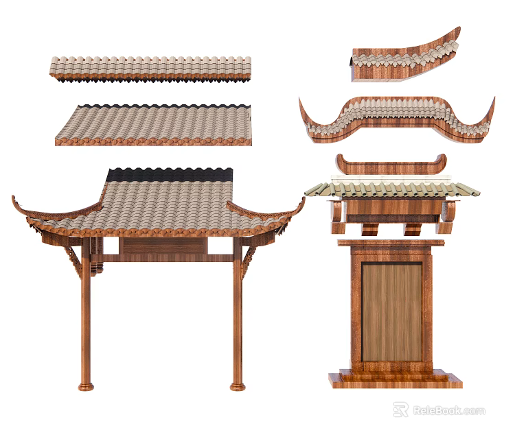 Chinese Traditional Architectural Components Including Tile Roofs Wooden Eaves And Pavilion Structures 3d model 