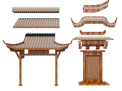 Chinese Traditional Architectural Components Including Tile Roofs Wooden Eaves And Pavilion Structures 3d model