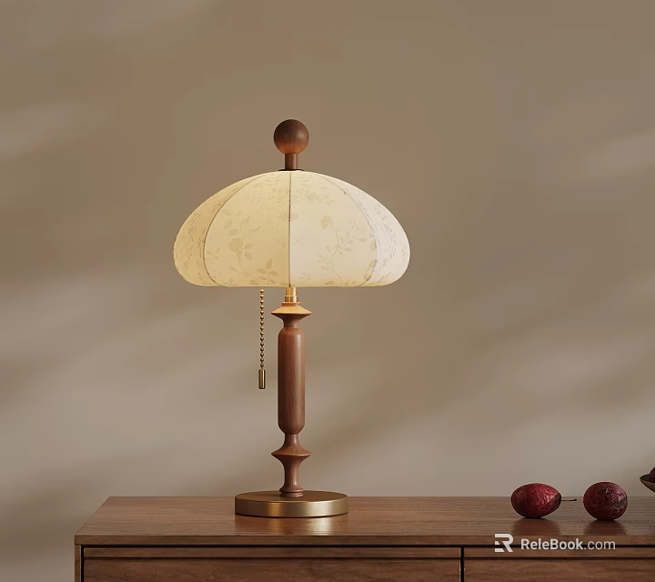Vintage Wooden Table Lamp With Fabric Shade And Red Fruits On Tabletop 3d model 