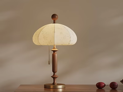 Vintage Wooden Table Lamp With Fabric Shade And Red Fruits On Tabletop 3d model