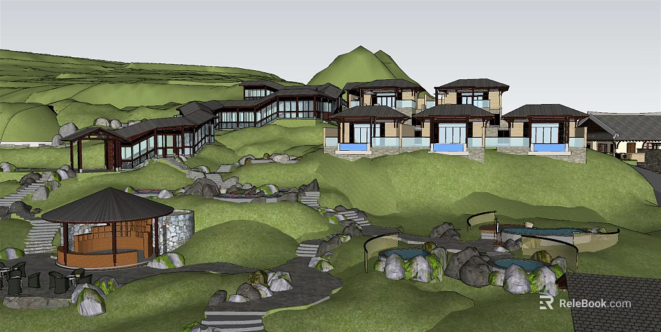 Mountain Resort Buildings On Green Hillside With Stone Paths And Landscape 3d model 