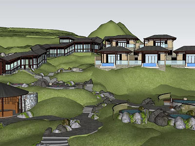 Mountain Resort Buildings On Green Hillside With Stone Paths And Landscape 3d model