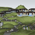 Mountain Resort Buildings On Green Hillside With Stone Paths And Landscape