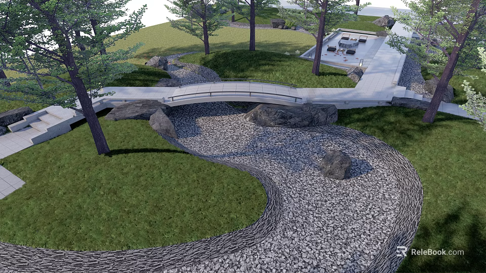 Tranquil Park Landscape With Stone Bridge Gravel Stream Tall Trees And Lush Grass 3d model 