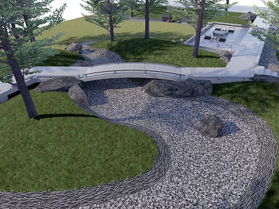 Tranquil Park Landscape With Stone Bridge Gravel Stream Tall Trees And Lush Grass 3d model