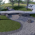 Tranquil Park Landscape With Stone Bridge Gravel Stream Tall Trees And Lush Grass