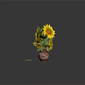 Patterned Vase With Blooming Sunflowers Single Stems And Bud On Dark Background 3d model