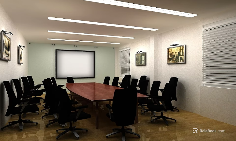 Modern Meeting Room With Long Wooden Table Black Office Chairs Projector Screen And Wall Artworks 3d model 