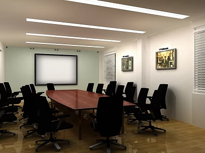 Modern Meeting Room With Long Wooden Table Black Office Chairs Projector Screen And Wall Artworks 3d model