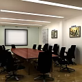 Modern Meeting Room With Long Wooden Table Black Office Chairs Projector Screen And Wall Artworks