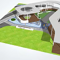 Modern Curved Pergola Design With Green Lawn Walkway And Water Feature