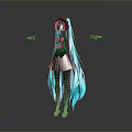 Game And Movie Character With Teal Long Hair Black Hat Pink Decorations And Gray Skirt