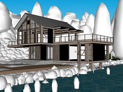 Scenic Wooden Guesthouse Building Over Water With Snow Mountain Backdrop And Balcony 3d model